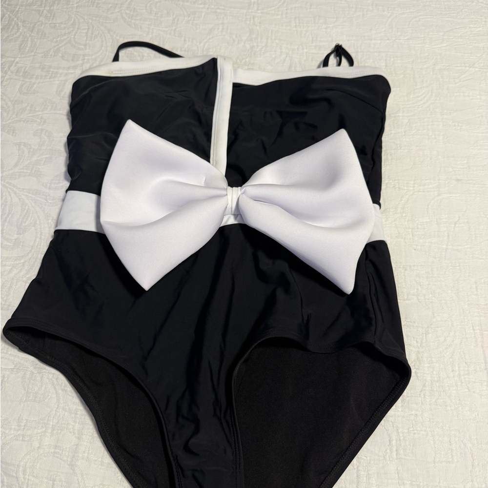 Black and White One-Piece Swimsuit with Bow